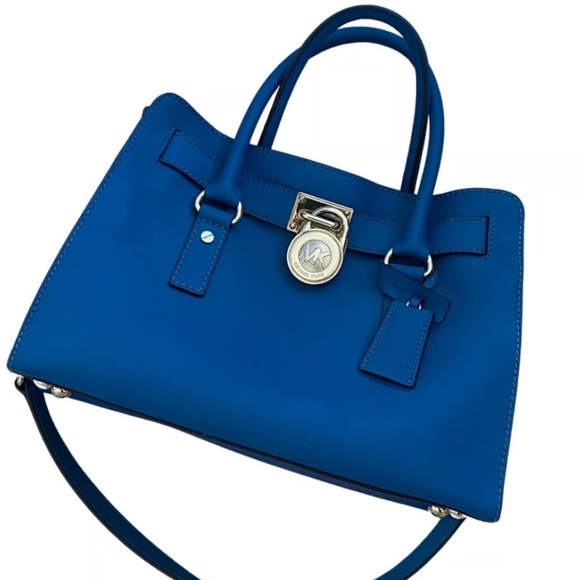 MICHAEL KORS BLUE SAFFIANO LEATHER HAMILTON CROSSBODY BAG SILVER HARDWARE - Picture 2 of 14